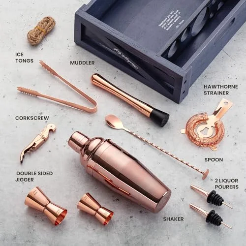 Mixology & Craft Rustic Cocktail Shaker Set – Includes Wood Stand, Complete Barware Kit with 24 Oz Shaker, Dual Jiggers, Pourers, Muddler, Strainer – Perfect for Home Bartenders (Copper) — 2