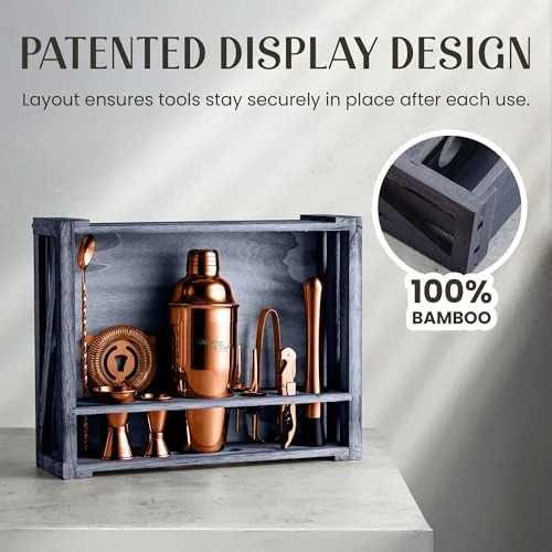 Mixology & Craft Rustic Cocktail Shaker Set – Includes Wood Stand, Complete Barware Kit with 24 Oz Shaker, Dual Jiggers, Pourers, Muddler, Strainer – Perfect for Home Bartenders (Copper) — 4