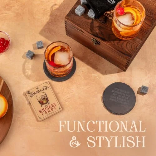 Mixology & Craft Whiskey Stones Gift Set: with Two 10oz Lead-Free Crystal Whiskey Glasses, 8 Whiskey Stones with Velvet Bag, 2 Slate Coasters & Recipe Cards in Wooden Crate | Great — 3
