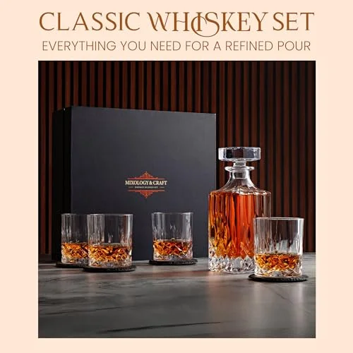 Mixology & Craft Luxury Whiskey Decanter Gift Set - 25oz Crystal Decanter, 4 Old-Fashioned Glasses, 4 Slate Coasters with Diamond Pattern Premium Black Gift Box — 2