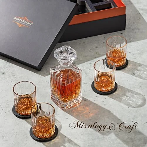 Mixology & Craft Luxury Whiskey Decanter Gift Set - 25oz Crystal Decanter, 4 Old-Fashioned Glasses, 4 Slate Coasters with Diamond Pattern Premium Black Gift Box — 3