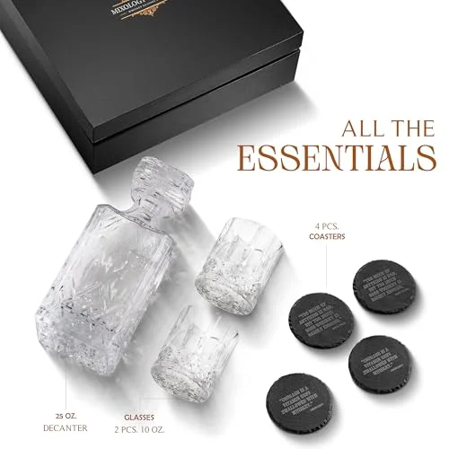 Mixology & Craft Luxury Whiskey Decanter Gift Set - 25oz Crystal Decanter, 4 Old-Fashioned Glasses, 4 Slate Coasters with Diamond Pattern Premium Black Gift Box — 5